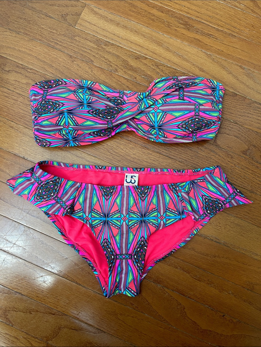 Urban Sea Neon Geometric Bandeau Bikini Set - Pink Multi